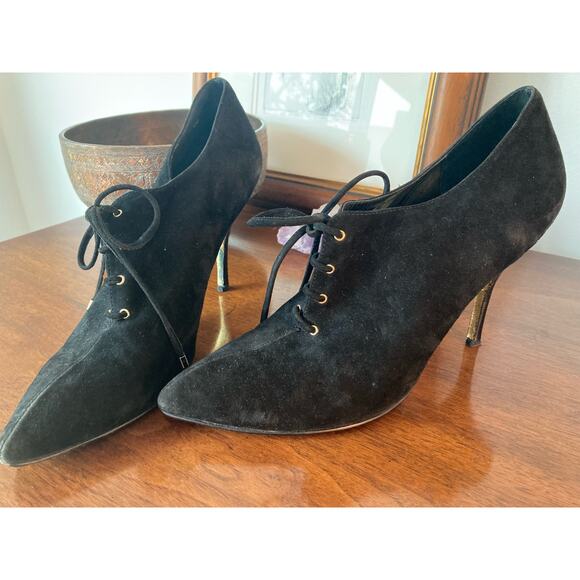 Beverly Feldman ~ Lace-Up Black Suede High Heels Oxford ~ Sz 40 ~ Ladylike - Picture 1 of 5